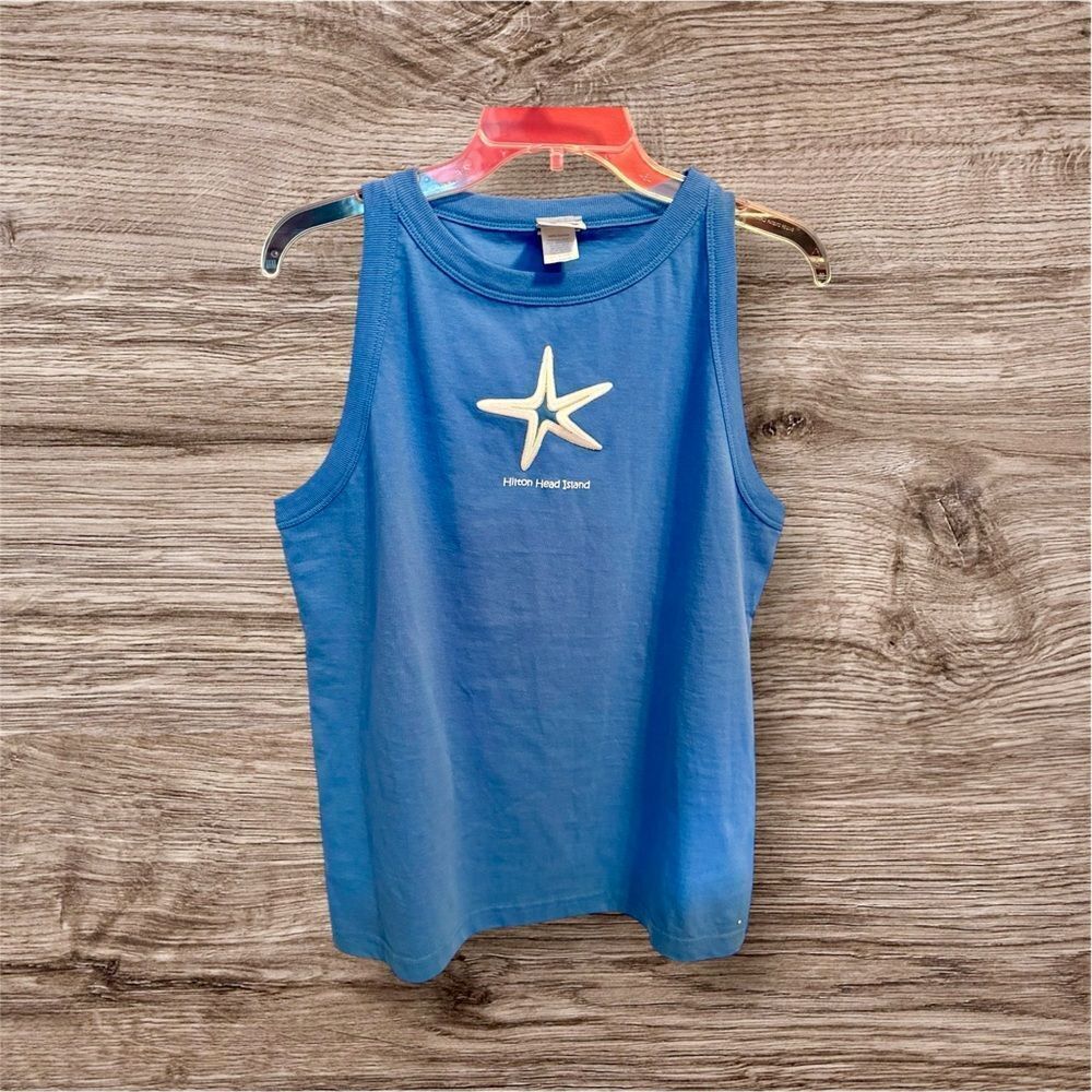Manatee Bay X-Large Ladies Blue Sleeveless Top with Starfish Design - Excellent